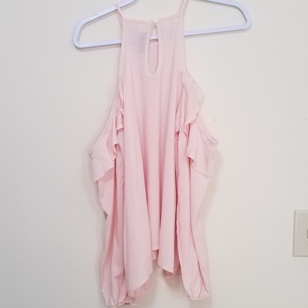 NWOT Pink Cold Shoulder Ruffle Top Keyhole Medium - Picture 6 of 7